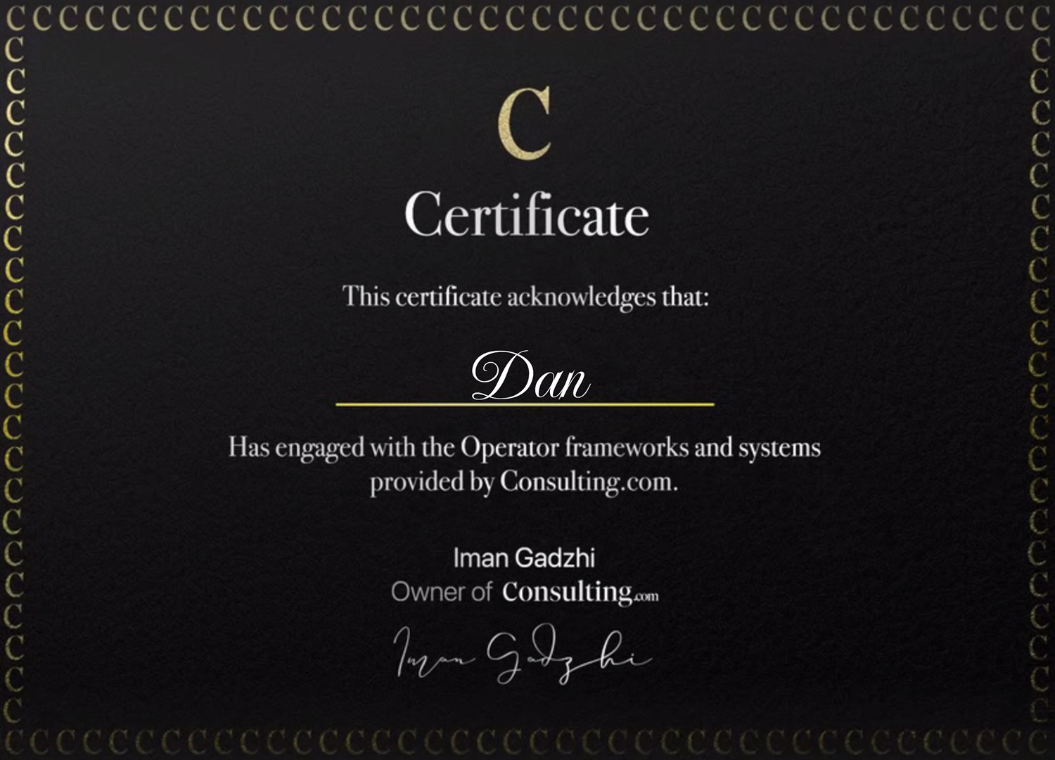 Certificate — engaged with the Operator frameworks and systems provided by Consulting.com, signed by Iman Gadzhi